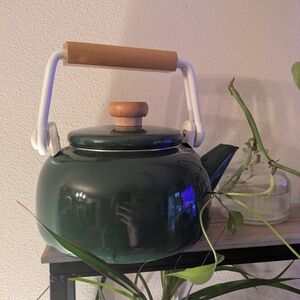 Green Enamel Teakettle with Wooden Handle